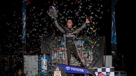 Logan Seavey celebrates the victory in Tuesday's "Indiana Midget Week" opener at Montpelier. (Rich Forman Photo) (Video Highlights from FloRacing.com)