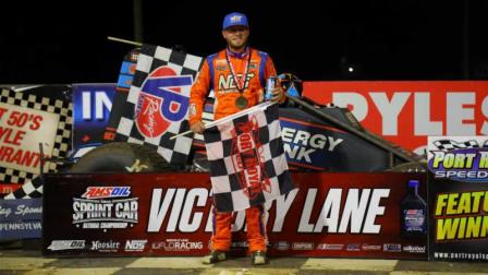 Tyler Courtney celebrates his Eastern Storm victory Saturday night at Port Royal Speedway. (Rich Forman Photo)