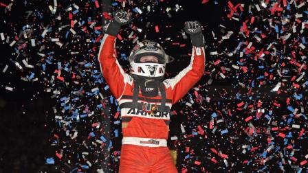 Kevin Thomas Jr. (Cullman, Ala.) pumps his fists in jubilation after winning his third career Spring Showdown on Saturday night at Haubstadt, Indiana's Tri-State Speedway. (David Nearpass Photo) (Video Highlights from FloRacing.com)
