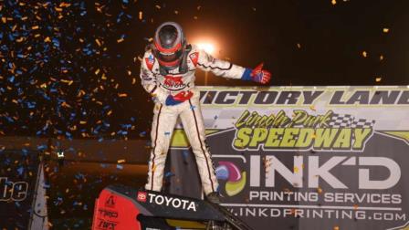 Emerson Axsom (Franklin, Ind.) takes a bow after winning Thursday night's USAC Indiana Midget Week feature at Lincoln Park Speedway. (Rich Forman Photo) (Video Highlights from FloRacing.com)