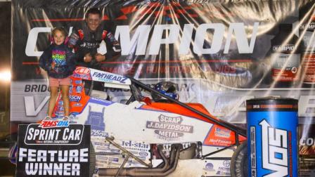 Brady Bacon (Broken Arrow, Okla.) and his daughter, Linley, do the "Macho Man" pose after Brady's record-setting seventh career USAC Eastern Storm victory on Wednesday night at New Jersey's Bridgeport Motorsports Park. (Rich Forman Photo) (Video Highlights from FloRacing.com)