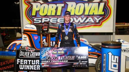 Daison Pursley (Locust Grove, Okla.) captured his first career USAC Silver Crown victory with a last lap, last corner pass on Saturday night at Pennsylvania's Port Royal Speedway. (Rich Forman Photo) (Video Highlights from FloRacing.com)