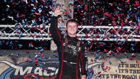 Logan Seavey (Sutter, Calif.) pocketed $10,000 for his Top Gun USAC AMSOIL National Sprint Car victory on Saturday night at Illinois' Macon Speedway. (Brendon Bauman Photo) (Video Highlights from FloRacing.com)