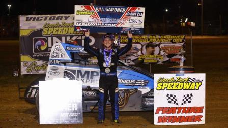 Logan Seavey (Sutter, Calif.) celebrates his victory following Saturday night's 10th Annual Bill Gardner Sprintacular at Putnamville, Indiana's Lincoln Park Speedway. (Rich Forman Photo) (Video Highlights from FloRacing.com)