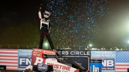 Daison Pursley (Locust Grove, Okla.) pumps his fist after winning USAC NOS Energy Drink National Midget Tuesday Night Thunder at Meeker, Oklahoma's Red Dirt Raceway, the opening night of Mid-America Midget Week. (Jeramiah Green Photo) (Video Highlights from FloRacing.com)