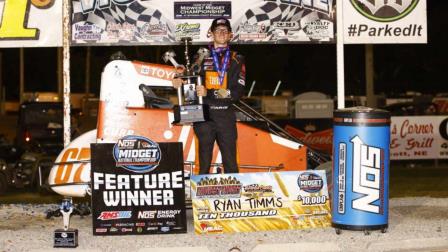 Ryan Timms (Oklahoma City, Okla.) celebrates his $10,000 USAC NOS Energy Drink Midget National Championship victory following Saturday night's Mid-America Midget Week finale at Fairbury, Nebraska's Jefferson County Speedway. (Rich Forman Photo) (Video Highlights from FloRacing.com)