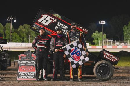 Sam Hafertepe Jr., Seth Bergman and Austin McCarl celebrate their strong runs at Lakeside Speedway (Emily Schwanke Photo) (Video Highlights from DirtVision.com)