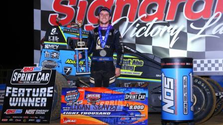 Logan Seavey (Sutter, Calif.) scored his 12th win of the USAC AMSOIL Sprint Car National Championship season during Tuesday night's NOS Energy Drink USAC Indiana Sprint Week Presented By Honest Abe Roofing round at Lawrenceburg Speedway.(Josh James Artwork Photo) (Video Highlights from FloRacing.com)