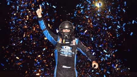 Briggs Danner (Allentown, Pa.) celebrates his first career NOS Energy Drink USAC Indiana Sprint Week Presented By Honest Abe Roofing feature victory on Sunday night at Bloomington Speedway.(David Nearpass Photo) (Video Highlights from FloRacing.com)