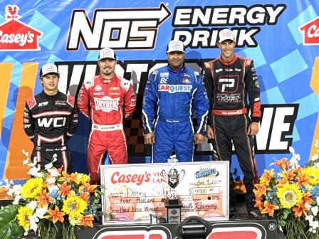 Donny Schatz is joined in Victory Lane by Emerson Axsom (4th), Logan Schuchart (2nd) and Justin Henderson (3rd) (Paul Arch Photo) (Video Highlights from DirtVision.com)