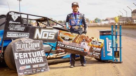 Justin Grant (Ione, Calif.) celebrates his second career Bettenhausen 100 victory on Saturday at the Illinois State Fairgrounds. (Rich Forman Photo) (Video Highlights from FloRacing.com)