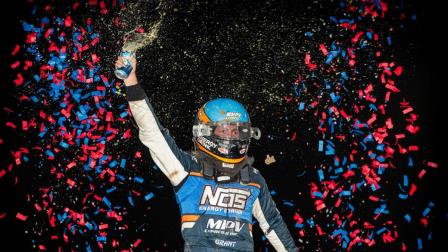 Justin Grant (Ione, California) celebrates his fourth consecutive Elliott's Custom Trailers & Carts Sprint Car Smackdown opening night victory on Thursday night at Indiana's Kokomo Speedway (Josh James Artwork Photo) (Video Highlights from FloRacing.com)