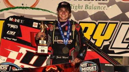 Zach Wigal (Belpre, Ohio) celebrates his first career USAC NOS Energy Drink Midget National Championship victory following the opening night of the 39th running of the Firemen's Nationals on Sunday at Sun Prairie, Wisconsin's Angell Park Speedway. (David Nearpass Photo) (Video Highlights from FloRacing.com)