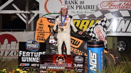 Cannon McIntosh (Bixby, Okla.) celebrates his victory following Monday night's 39th running of the Firemen's Nationals at Sun Prairie, Wisconsin's Angell Park Speedway. (David Nearpass Photo) (Video Highlights from FloRacing.com)