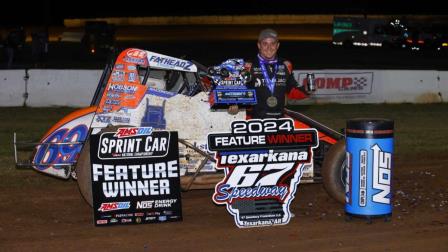 Brady Bacon (Broken Arrow, Okla.) captured his 50th career USAC AMSOIL National Sprint Car feature victory as the driver of the Dynamics Inc. / Hoffman Auto Racing No. 69 on Saturday night at Arkansas' Texarkana 67 Speedway. (Rich Forman Photo) (Video Highlights from FloRacing.com)