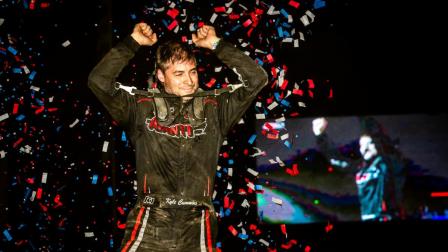 Kyle Cummins (Princeton, Ind.) is jubilant after winning Friday night's USAC AMSOIL Sprint Car National Championship feature at Indianapolis, Indiana's Circle City Raceway. (Indy Racing Images Photo) (Video Highlights from FloRacing.com)