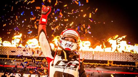 Daison Pursley (Locust Grove, Okla.) was all fired up following his first career Eldora Speedway victory on Friday night with the USAC NOS Energy Drink Midget National Championship. (Indy Racing Images Photo) (Video Highlights from FloRacing.com)