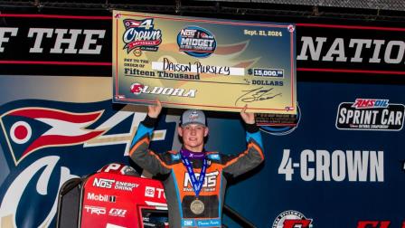 Daison Pursley (Locust Grove, Okla.) continued his perfect weekend of USAC NOS Energy Drink Midget National Championship racing at Ohio's Eldora Speedway by winning Saturday night's running of the 42nd 4-Crown Nationals Presented By NKTELCO. (Indy Racing Images Photo).(Video Highlights from FloRacing.com)