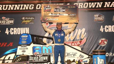 Mitchel Moles (Raisin City, Calif.) celebrates the $15,000 prize after scoring his first career USAC Silver Crown victory during Saturday night's 4-Crown Nationals Presented By NKTELCO at Ohio's Eldora Speedway. (Paul Arch Photo) (Video Highlights from FloRacing.com)