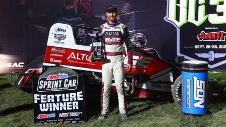 C.J. Leary (Greenfield, Ind.) wrote his name into the history books as the first winner of a sprint car feature at The Dirt Track at Indianapolis Motor Speedway on Thursday night. (Josh James Artwork Photo) (Video Highlights from FloRacing.com)