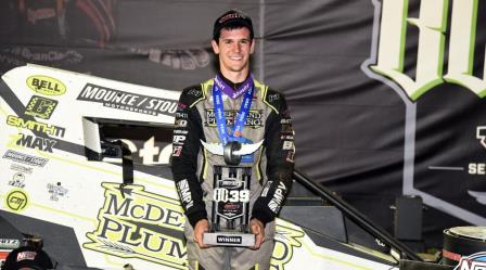 Chase McDermand (Springfield, Ill.) is all smiles after his first career USAC NOS Energy Drink National Midget win during Thursday night's Driven2SaveLives BC39 Presented By Avanti Windows & Doors opener at The Dirt Track at Indianapolis Motor Speedway. (David Nearpass Photo) (Video Highlights from FloRacing.com)