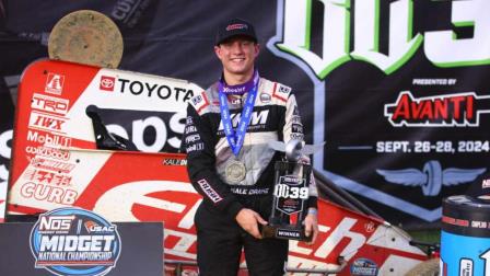 Kale Drake (Collinsville, Okla.) enjoys his first career USAC NOS Energy Drink Midget National Championship victory following Sunday's prelim feature for the Driven2SaveLives BC39 Presented By Avanti Windows & Doors at The Dirt Track at Indianapolis Motor Speedway. (Rich Forman Photo) (Video Highlights from FloRacing.com)