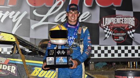 Allentown, Pennsylvania's Briggs Danner captured Friday night's inaugural Greg Staab Memorial USAC AMSOIL Sprint Car National Championship feature at Indiana's Lawrenceburg Speedway. (David Nearpass Photo) (Video Highlights from FloRacing.com)