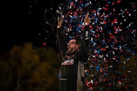 Matt Westfall celebrates his victory in the debut of USAC AMSOIL Sprint Car National Championship racing at Oklahoma's Red Dirt Raceway on Friday night. (Jeramiah Green Photo) (Video Highlights from FloRacing.com)