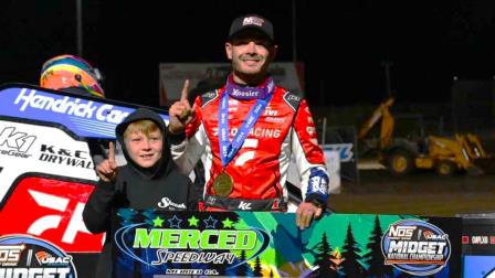 Kyle Larson broke through for his first career Merced (Calif.) Speedway USAC NOS Energy Drink Midget National Championship feature win during Sunday night's Midget Madness. (Devin Mayo Photo) (Video Highlights from FloRacing.com)