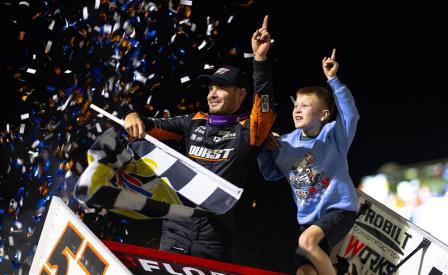 Kyle Larson and son Owen celebrate Saturday's win at Volusia (WoO Photo) (Video Highlights from DirtVision.com)