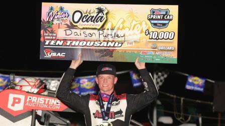 Daison Pursley captured a $10,000 USAC AMSOIL Sprint Car National Championship feature victory during Saturday night's Winter Dirt Games XVI finale at Florida's Ocala Speedway. (Michael Fry Photo) (Video Highlights from FloRacing.com)